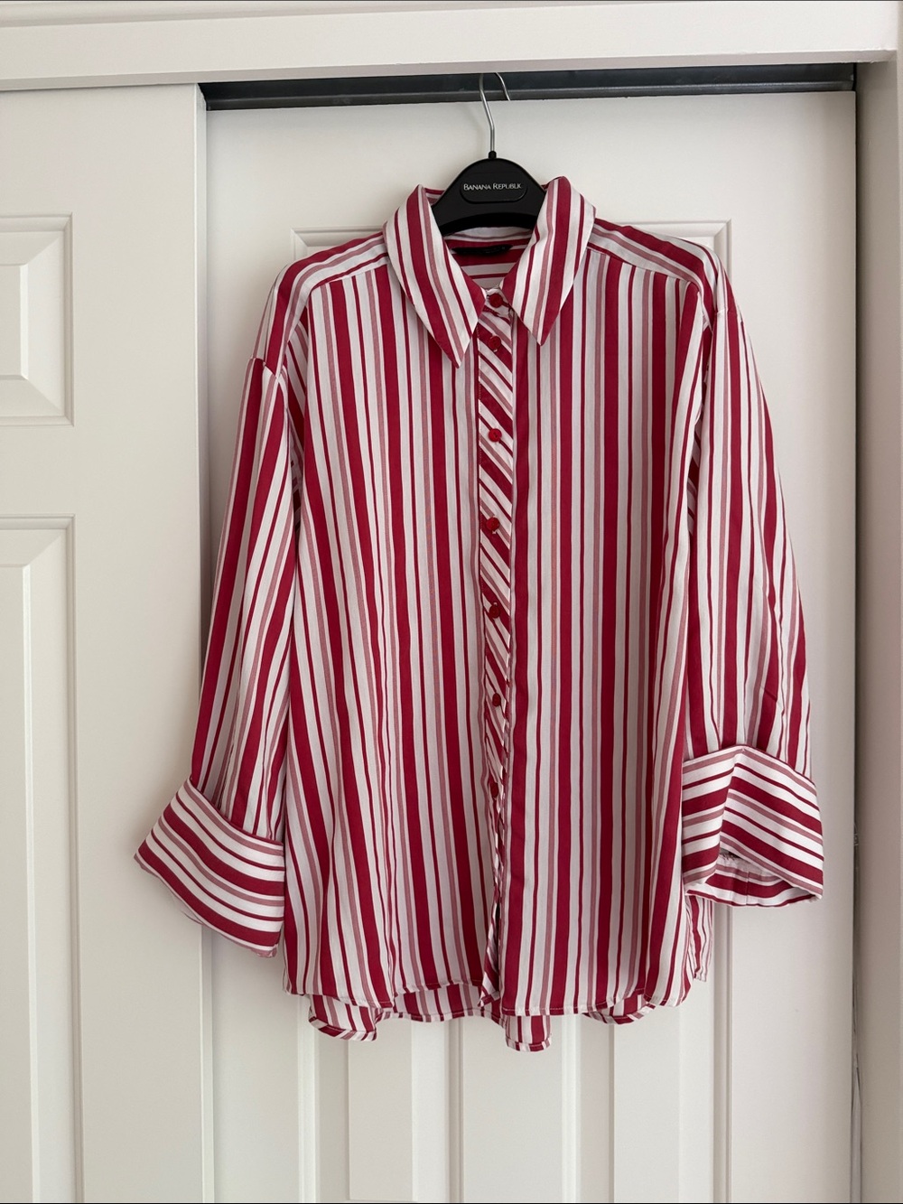 Zara Red and White Striped Button-Down Shirt